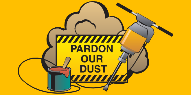 a clipart picture of a yellow sign with the words 'pardon our dust' surrounded by construction equipment.