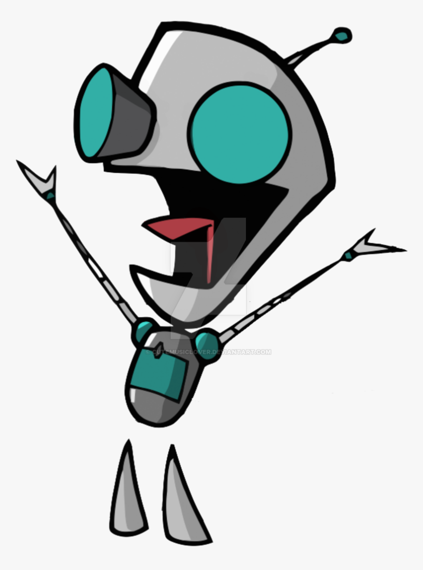 A silver robot with a bucket-like head with an antenna, blue eyes, a large smile, and a small body. Attached to it's chest with a small piece of tape is a blue square.