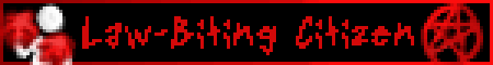 a small black userbox with the words 'Law-Biting Citizen' in pixelated red letters. On the left is a two-frame animation of a white silhouette wiggling a pair of red pompoms. On the right is a red pentagram. The box is outlined in red.