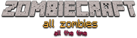Text in the minecraft logo style. At the top it says 
      'Zombiecraft'. Underneath in smaller yellow text it says 'all zombies'. Underneath that in smaller red text it says 'all the time'.